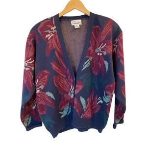 Pappagallo Acrylic Blend Button Front Knit Floral Cardigan Sweater Womens Sz M